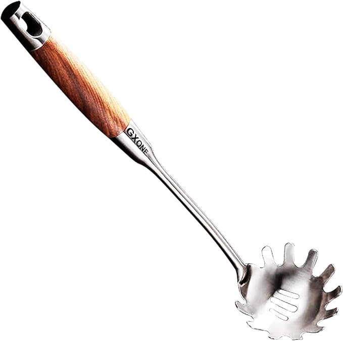 Spaghetti Spoon,304 Stainless Steel Pasta Spoon with Heat Resistant Wooden Handle,Silver/14.2Inch