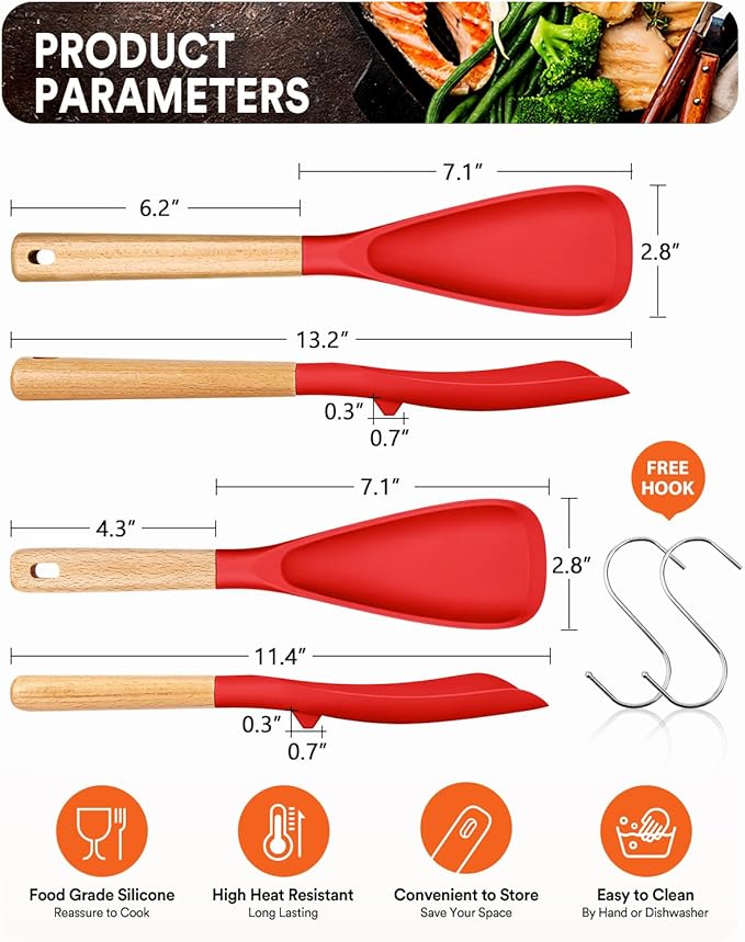 Multifunction Spatula Spoon for Nonstick Cookwares, Great for Cooking and Serving, Sturdy BPA-Free Matte Silicone, Wood Handle Spatula for Mixing, Scoop, and Scrape, Red(2 pack,11.4" & 13.4")