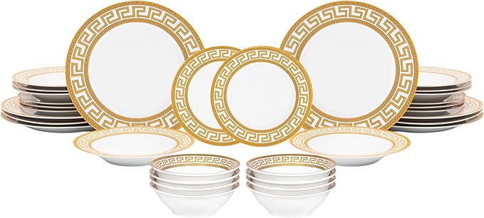 32 Piece Porcelain Dinnerware Sets – Service for 8 Plates and Bowls – White and Gold Greek Key Design Dishware for Kitchen, Formal Dining or Everyday Meals (Meander Gold)