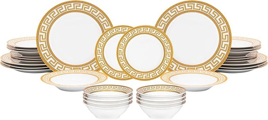 32 Piece Porcelain Dinnerware Sets – Service for 8 Plates and Bowls – White and Gold Greek Key Design Dishware for Kitchen, Formal Dining or Everyday Meals (Meander Gold)