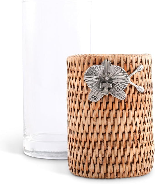 Vagabond House Stylish Set Of 4 Rattan Wicker Tall Drinking Glasses With Pewter Black Orchid, Ideal For Botanic Garden And Native Species Enthusiasts, Acts As Coaster at Poolside Florida - Removable