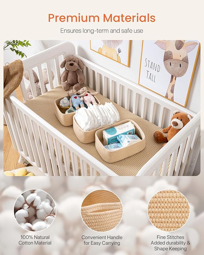 Small Woven Basket, 12 x 8 x 4.5 Inches, Storage Basket for Organizing, Cute Small Rope Shelf Closet Cube Storage Bins Baskets for Shelves, Dog Toy Gift Baskets Empty, 3 Packs, Beige