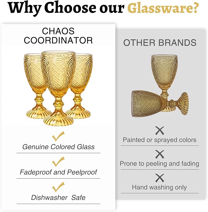 Chaos Coordinator Amber Wine Glasses set of 6, vintage colored glassware, colored drinking glasses for a baby shower, wedding, birthday,or fancy glassware for everyday,10.5 OZ.