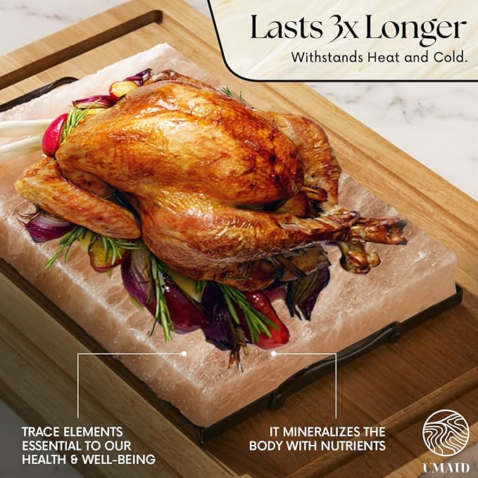 UMAID Himalayan Salt Block Cooking Plate 12x8x1.5 for Cooking, Grilling, Cutting and Serving, Food Grade Rock Salt Stone with Steel Tray & Recipe Pamphlet Unique Gifts for Men, Women, Chefs & Cooks