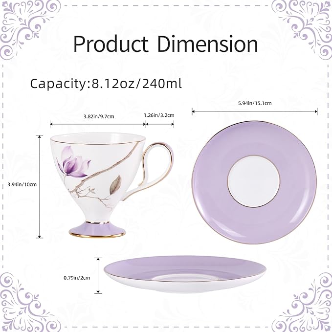 KAMMAK Ceramic Tea Cup and Saucer Set with Gold Trim, Purple Hibiscus & Iris Flower Pattern Cup and Saucer, 240ml Elegant Coffee Cup for Afternoon Tea, Gift for Women