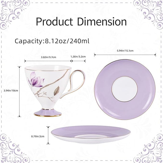 KAMMAK Ceramic Tea Cup and Saucer Set with Gold Trim, Purple Hibiscus & Iris Flower Pattern Cup and Saucer, 240ml Elegant Coffee Cup for Afternoon Tea, Gift for Women