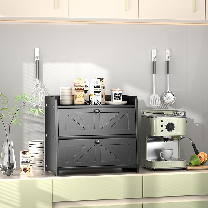 Bread Box for Kitchen Countertop, Double Layer Wooden Breadbox, Large Capacity Bread Storage Bin, Homemade Bread Storage Container, Farmhouse Breadbox Organizer, Black