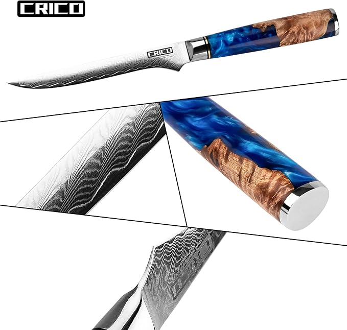 CRICO Boning Knife 5.5 inch Flexible Fillet Knives, VG10 Damascus Super Steel Forged 67-Layers, Full Tang Wood&Resin Handle, Gift Box - Flow Series