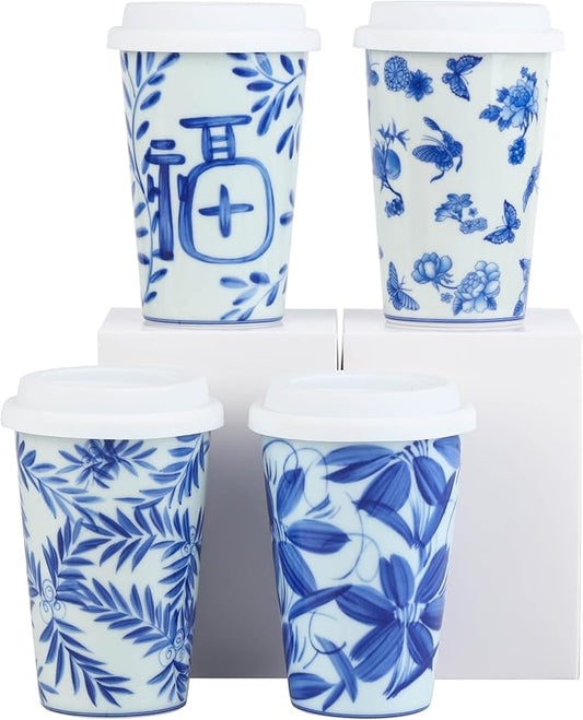 14 oz ceramics Handmade blue and white Retro Coke cups coffee tea set of 4 china Coffee Mugs for Tea, Milk,Dishwasher and Microwave Safe，Free gift soft silicone cover and gift box