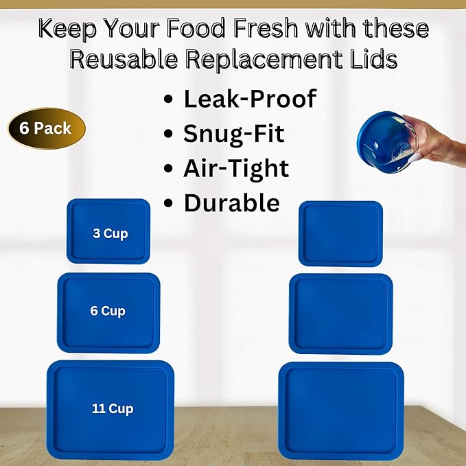 3, 6 & 11 Cup Blue Replacement Lids/Covers for Pyrex, Anchor Hocking & KlareWare Storage Bowls *Lids Only Glass Container Not Included* (6 Pack *Two of Each Size*)