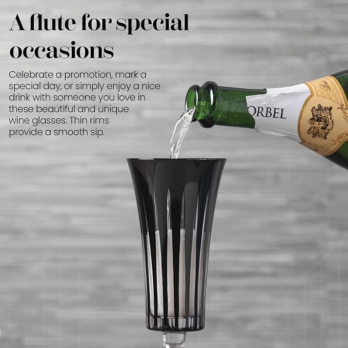 Vikko Champagne Flutes, Timeless Collection 6 Ounce Elegant Wine Glass for Fine Dining, Set of 4 Black Goblets with Stem, Dishwasher Safe