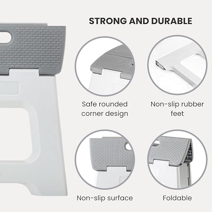 Vigar Compact Step Stool Foldable, 10-1/2-inch Step Stools for Adults up to 330 Pound, Lightweight Stool, Non-Slip Folding Step Stool, Gray