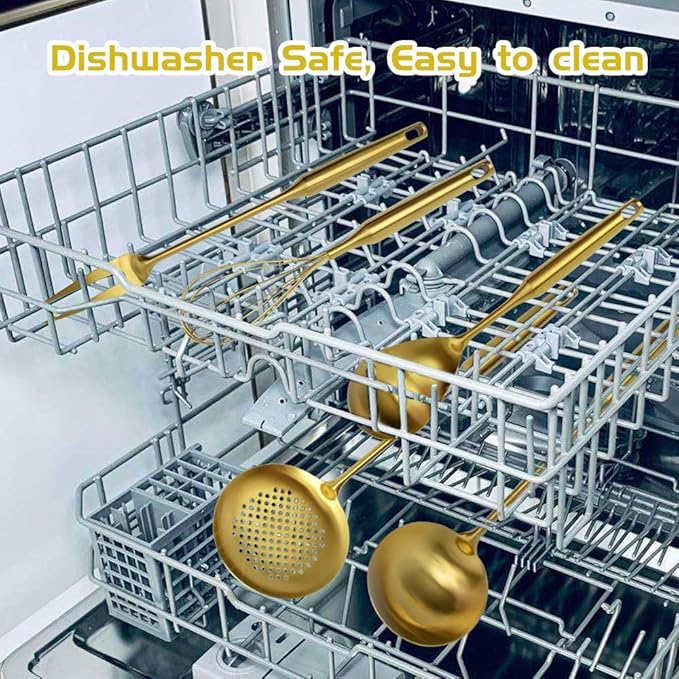 304 Stainless Steel Kitchen Utensils Set, 13PCS Metal Cooking Tools, Masher, Fork, 2Tongs, Solid Spoon, Slotted Spoon, Spatula, Whisk, Skimmer, Slotted Tunner, Soup Ladle, Spaghetti Spoon, Large Ladle