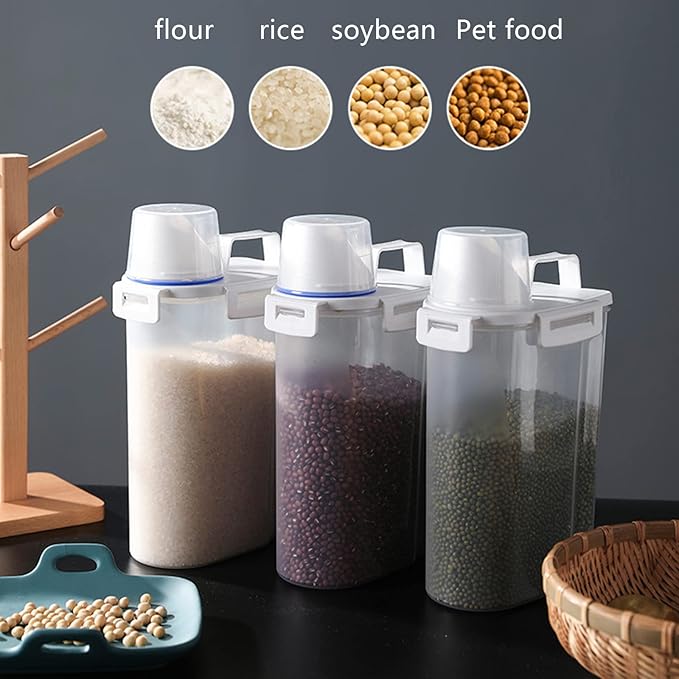 2 Pcs 5.5 LB Rice Storage Container, Airtight Cereal Flour Dispenser with Pouring Spout & Measuring Cup, Kitchen Plastic Clear Dry Food Storage Bin for Grain Oatmeal Snacks Pet Dog Food
