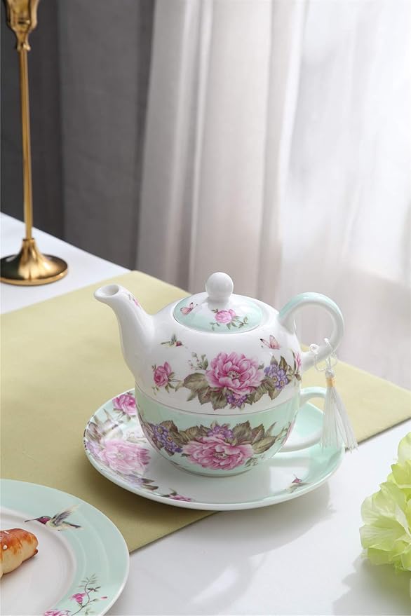 London Boutique Tea for One Teapot Cup Saucer Set Vintage Bird Rose Butterfly Flora New Bone China Gift Box (Teal)