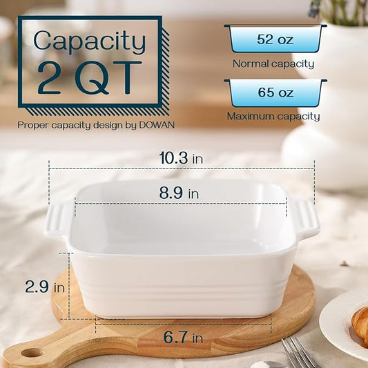 DOWAN 8x8 Baking dish, Square Baking Pan, Ceramic Casserole Dishes for Oven, Cake Pan with Handle, for Brownie, Lasagna, Casserole, 2 Quart, Home Gift, Bright White