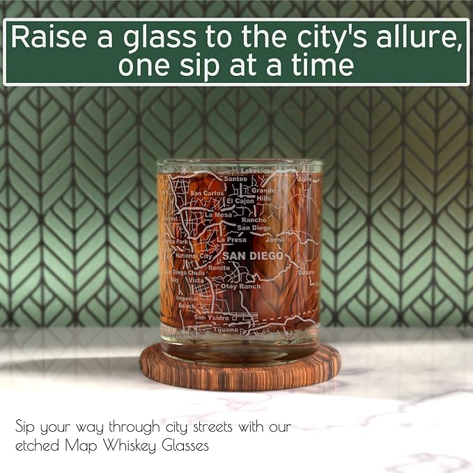 Greenline Goods Whiskey Glasses - 10 oz Tumbler Set for San Diego lovers, Etched with San Diego Map Old Fashioned Rocks Glass - Set of 2