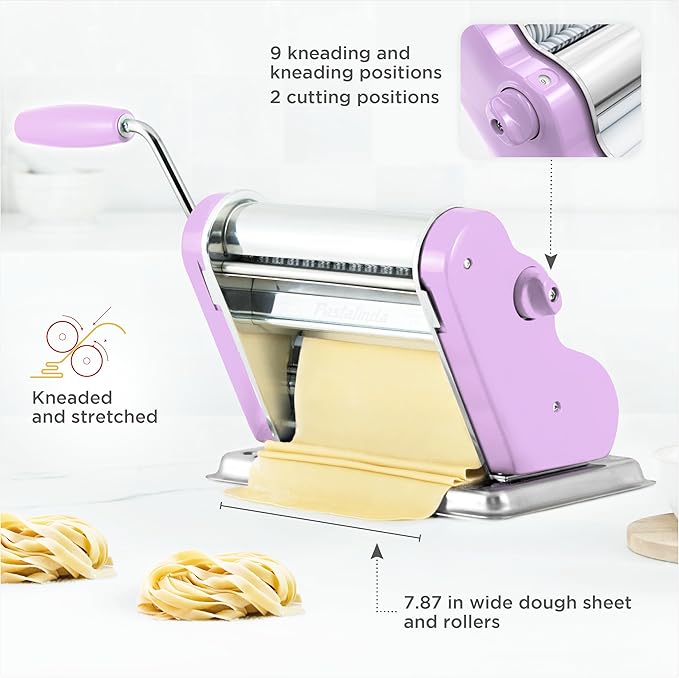 PASTALINDAClassic 200 Pasta Maker Machine, 20 cm Wide Rollers, 9 Thickness Positions, 2 Cutting Positions, Stainless Steel. Includes Reinforced Hand Crank And Two Clamps