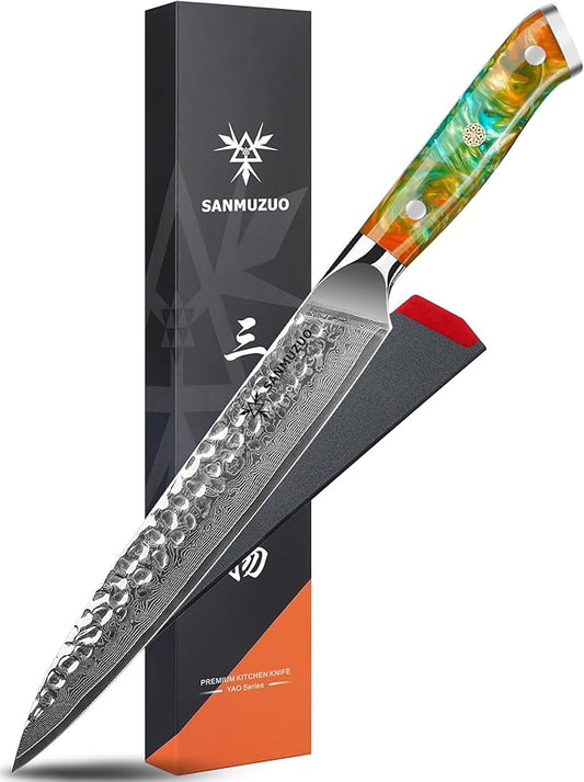 8 Inch Carving Knife, Meat Slicing Knife - Hammered Damascus Steel & Resin Handle - Yao Series