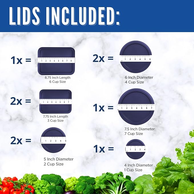 Replacement Lids for Pyrex Glass Food Storage Containers Rectangular (1) 1-Cup (2) 2-Cup (2) 4-Cup (1) 7-Cup (2) 3-Cup (1) 6-Cup Round Rectangle (Blue)