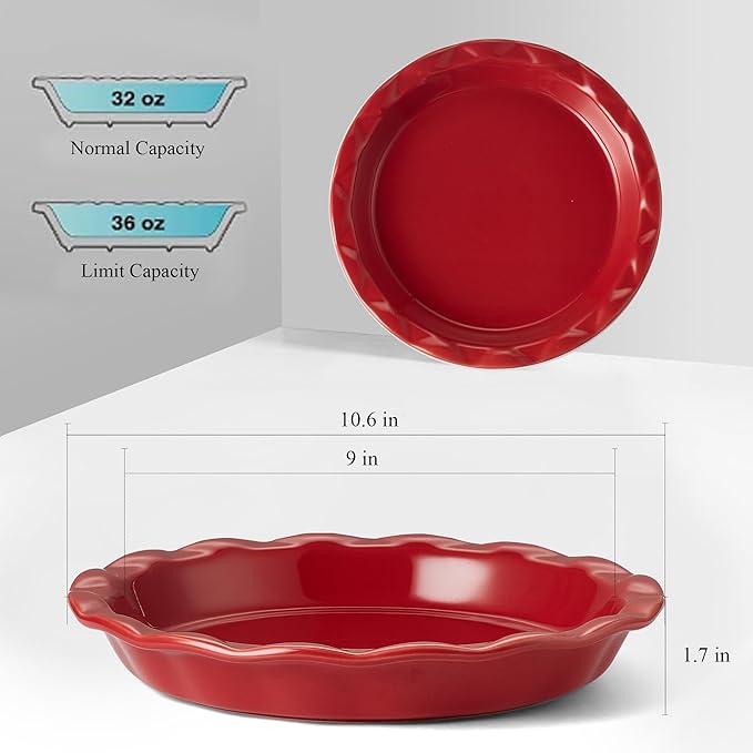 Lareina Ceramic Pie Pans for Baking, 9 Inches Pie Plate for Apple Pie, 36 Ounce Round Baking Dish, Set of 2, Thanksgiving day Gifts for Women, Red
