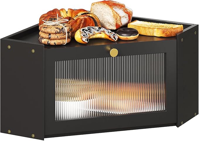 Corner Bamboo Bread Box for Kitchen Counter Large Capacity Rustic Bread Storage Container with Wavy Arcylic Transparent Door Vintage Storage for Homemade Bread (Black)