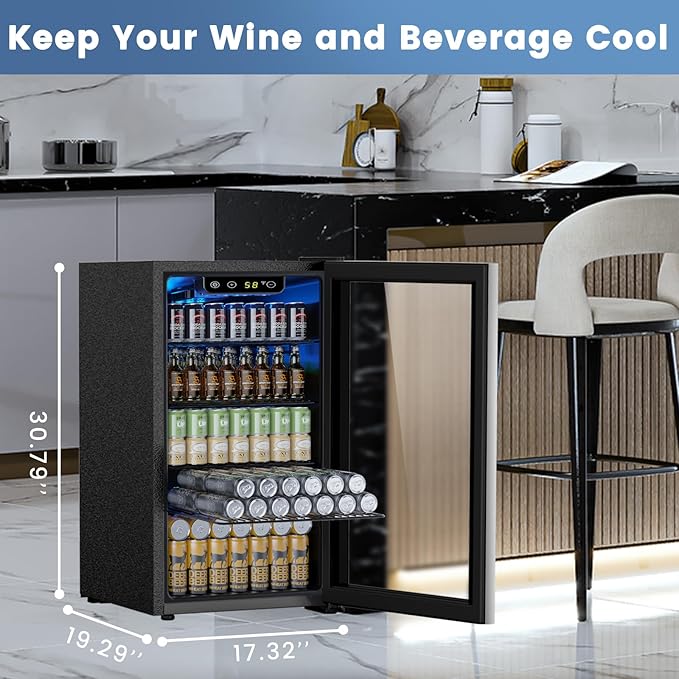 Mini Fridge 130 Can Beverage Refrigerator Cooler, 3.2 Cu.Ft Drink Fridge forSoda Wine Beer, Digital Temperature Control Cooler for Home, Dorm, Bar