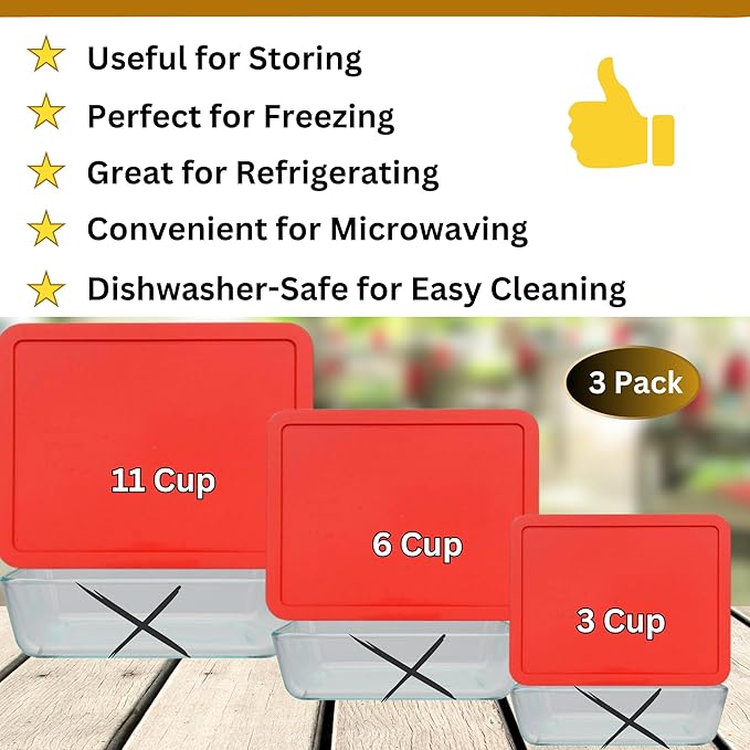 3, 6 & 11 Cup Red Replacement Lids/Covers for Pyrex, Anchor Hocking & KlareWare Storage Bowls *Lids Only Glass Container Not Included* (3 Pack *One of Each Size*)
