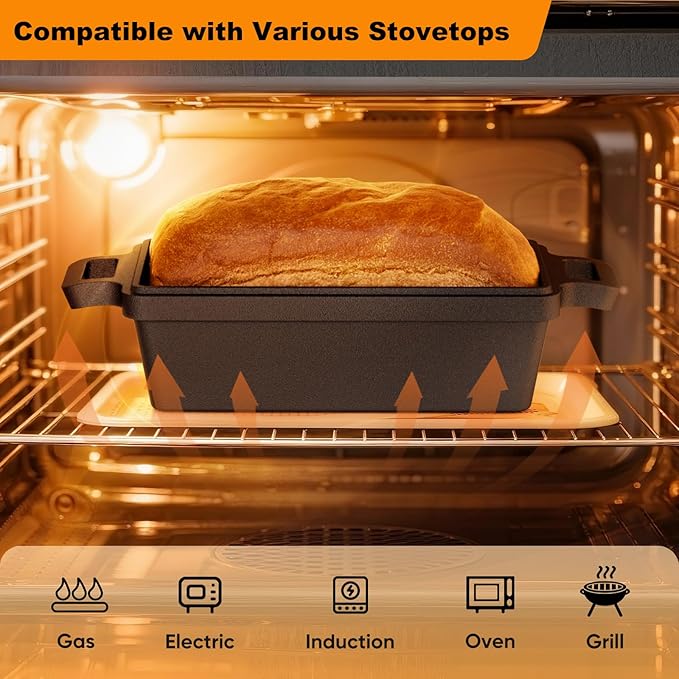 9×5 Inch Cast Iron Loaf Pan with Lid, bread pans for baking, 2 Piece Set | Even Heat Distribution Bread Baking Pan for Homemade Sandwich Bread, Banana Bread, Cakes, Meatloaf
