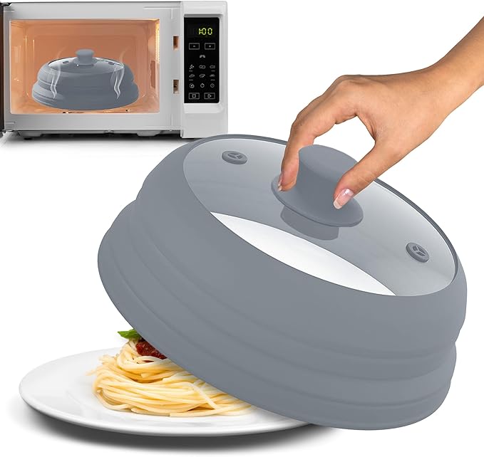 Microwave Splatter Cover Glass 10 Inch - Collapsible Microwave Splatter Cover for Plate & Bowl - Tempered Glass Top, Food-Grade Silicone Dome with Heating Vents & Heat-Safe Handle