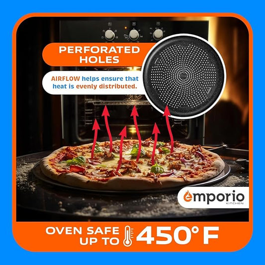 Non-Stick Pizza Pan 2 Pack – 16 Inch Round Carbon Steel Pizza Tray with Perforated Holes, PFOAPFOSPTFE-Free, Dishwasher & Oven Safe Up To 450°F, Durable Nonstick Gray Marble Coating