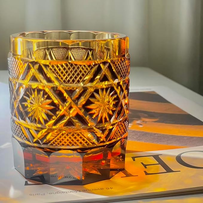 suigetsu Japanese Crystal Whiskey Glass, Cut Crystal Pattern, Luxury Cocktail Glassware (Red Gold Amber)