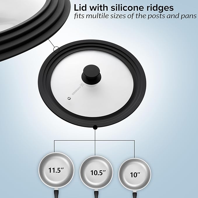 Universal Lid for Pots, Pans & Skillets Size 10", 10.5", 11" & 11.5" Cookwares -Tempered Glass with Silicon Rim-Black