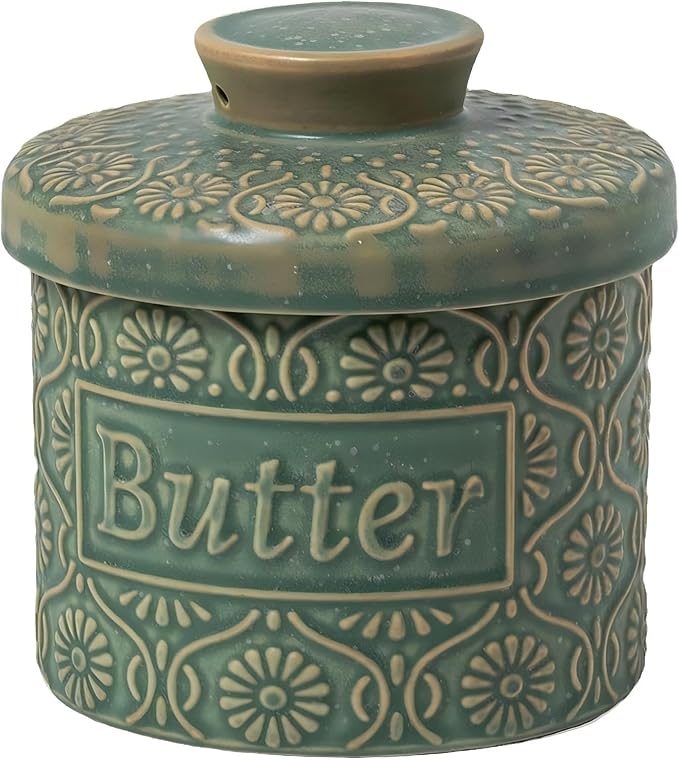 Ceramic Butter Crock with Lid, French Butter Dish with Water Line for Countertop, Butter Keeper for Spreadable Butter, Container Holder for Kitchen and Home Decor, 6.7 OZ, Vintage Green