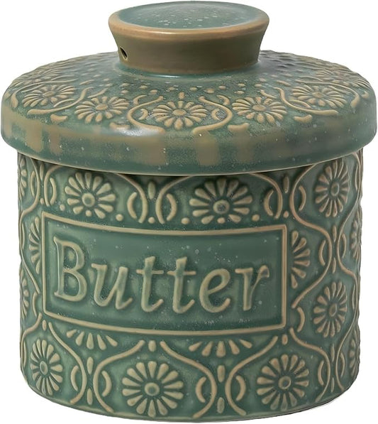 Ceramic Butter Crock with Lid, French Butter Dish with Water Line for Countertop, Butter Keeper for Spreadable Butter, Container Holder for Kitchen and Home Decor, 6.7 OZ, Vintage Green