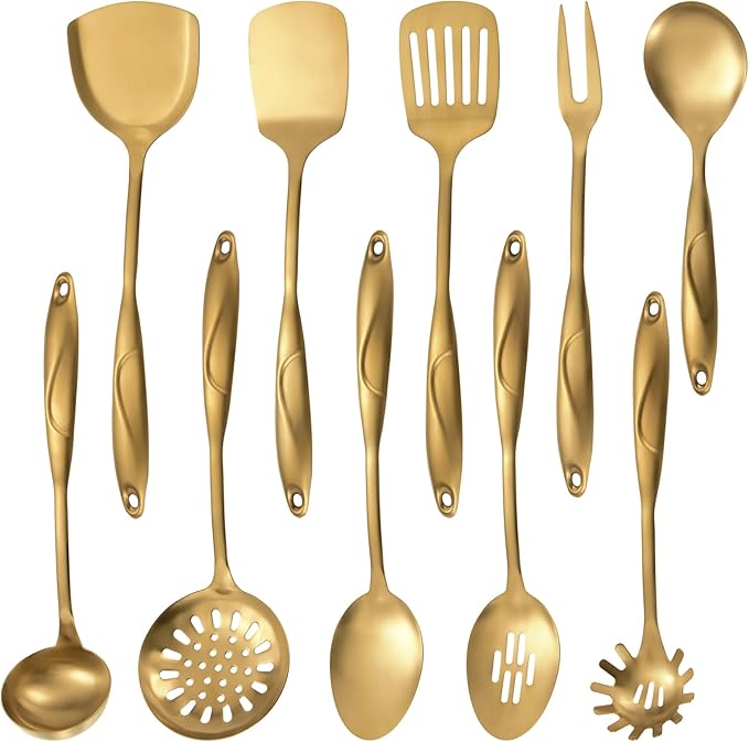 304 Stainlss Steel Kitchen Utensils Set, 10 Pcs Metal Cooking Utensil, Matte Kitchen Gadget Cookware and Kitchen Tool Set, Dishwasher Safe(Gold)