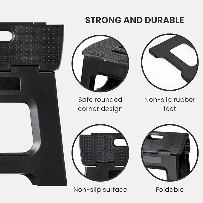 Vigar Compact Step Stool Foldable, 10-1/2-inch Step Stools for Adults up to 330 Pound, Lightweight Stool, Non-Slip Folding Step Stool, Black