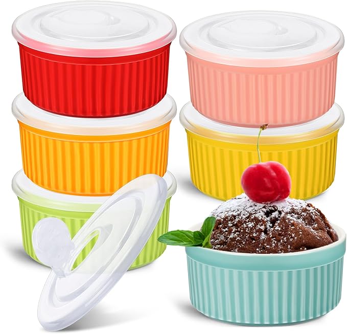 6 Sets Porcelain Ramekins with Lids 8 Oz Oven Safe Creme Brulee Souffle Ramekins with Covers for Oven Stackable Ceramic Bowl with Lid Baking Dishes Cups for Baking(Multi Colors)