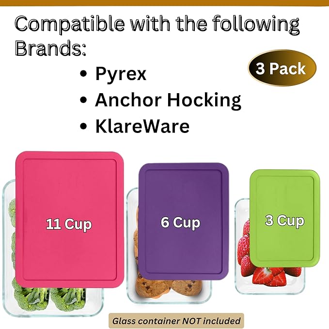 3, 6 & 11 Cup Spring Green, Purple, Pink Replacement Lids/Covers for Pyrex, Anchor Hocking & KlareWare Storage Bowls *Lids Only Glass Container Not Included* (3 Pack *One of Each Size*)