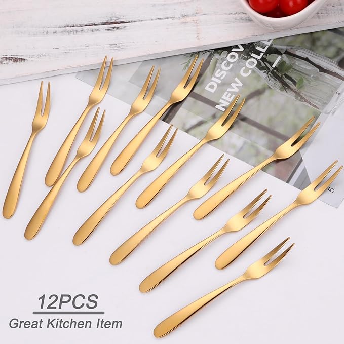 5.51-inch Gold Fruit Forks For Charcuterie Board Service,18/10 Stainless Steel Dessert Tasting Mini Cocktail Appetizer Forks,Dishwasher Safe (Set of 12)
