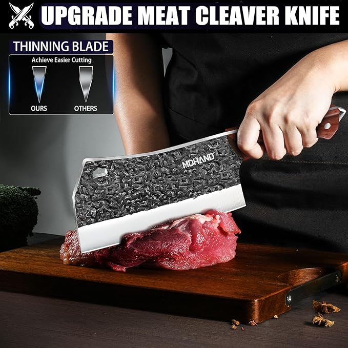 MDHAND Butcher Knife Set, 4PCS Butcher Cleaver Knife Set for Meat Cutting, Hand Forged Viking Knives Sets with Meat Cleaver, Heavy-Duty Kitchen Knives Sets for Bone BBQ Vegetable, Knives Gift for Men