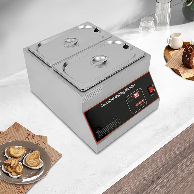 Chocolate Tempering Machine 32-203°F Commercial Chocolate Melting Pot 26.46 lbs Stainless Steel Food Warmer Air-heating Chocolate Fondue with Lid for Restaurant Home Party (Double Pots)