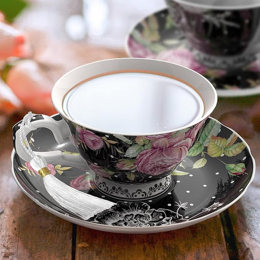 London Boutique Tea Cup and Saucer Set 2 Afternoon Tea Set New Bone China Vintage Flora Gift Box 200m (Black)