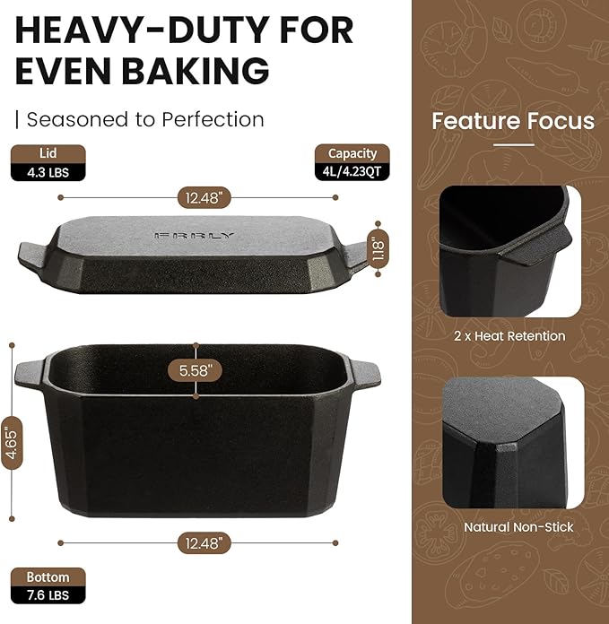 Cast Iron Bread Pan with Lid,Dutch Oven for Sourdough Bread Baking-10 x 5 Inch Durable Cast Iron Loaf Pans Rectangular Baking Pan,Extra Large Deep Dish Baking Pans for Cake