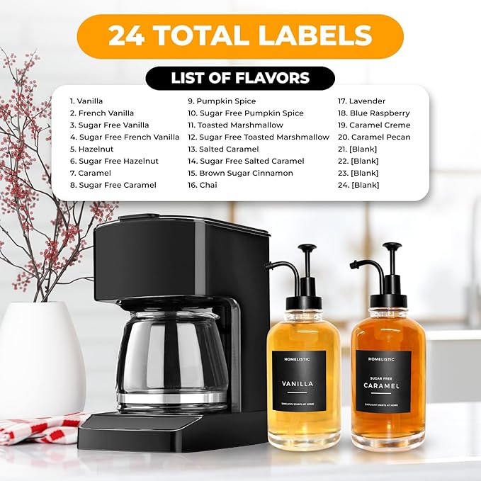 Syrup Dispenser for Coffee Bars, Set of 2 Glass Syrup Bottles with Black Pumps, 16.9 oz 500 ml, Coffee Bar Accessories, Includes Sugar Free Coffee Syrup Labels in Black