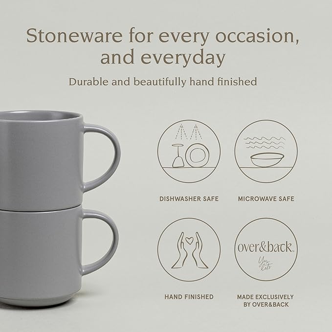 over&back Stackable Stoneware Coffee Mugs - 4-Piece Mug Set - Enjoy the Perfect Cup of Coffee, Tea, Latte, and More - Semi-Matte Charcoal - 14oz