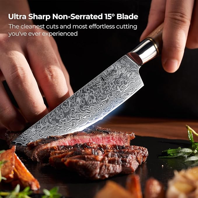 SENKEN 6-Piece Damascus Steel Steak Knife Set - Non-Serrated Steak Knives with Sycamore Wood Handles - The Dynasty Collection - 67-Layer Japanese VG10 Steel (6-Piece Steak Knife Set)