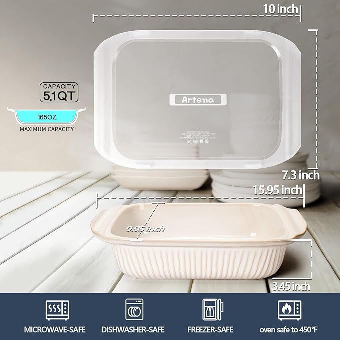 Artena Baking Dish 5.1 Quarts, Casserole Dishes For Oven, Baking Pan With Handles, Lasagna Pan Deep, Large Casserole Dish, Rectangular White Ceramic Bakeware (Baking Dish With Lids)