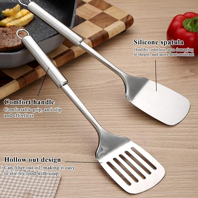 Stainless Steel Cooking Utensils Set 6 Pieces, Kitchen Tools Set Include Metal Spatula Set, Skimmer, Ladle, Tong, Whisk, Kitchen Gadgets Essentials New Home Must Have