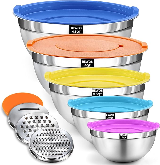 BEWOS Mixing Bowls with Airtight Lids Set - 5 Pcs Stainless Steel Mixing Bowls With 3 Grater Attachments, Size 4.5, 4, 3.5, 2.1, 1.5QT Metal Bowls for Baking and Serving (Colored)